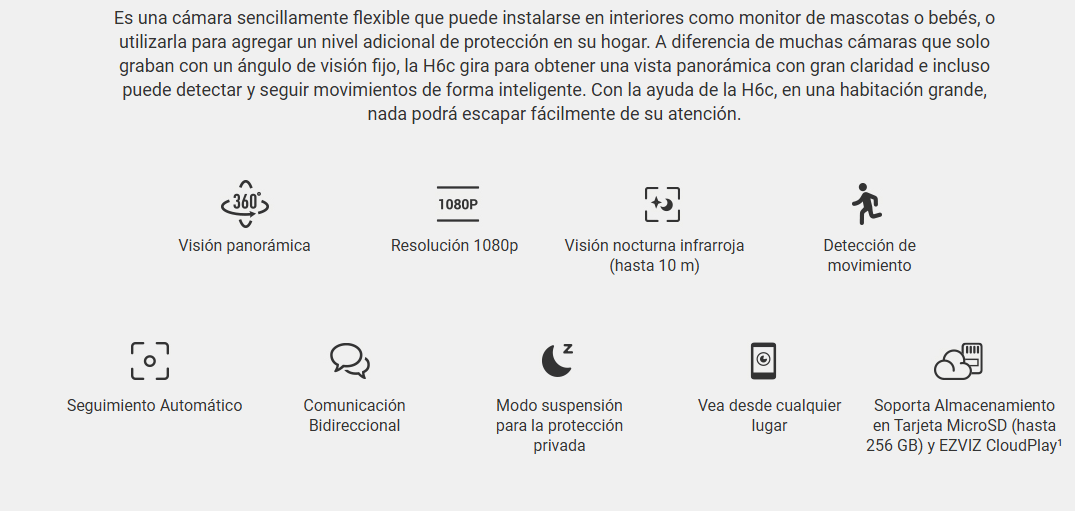 Funciones de la EZVIZ H6c: visión panorámica, 1080p, visión nocturna, detección de movimiento, seguimiento automático, audio bidireccional, modo suspensión, acceso remoto y microSD