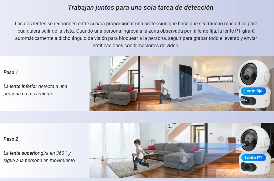 EZVIZ H7c Dual: la lente fija detecta a la persona y la lente PT gira para seguirla