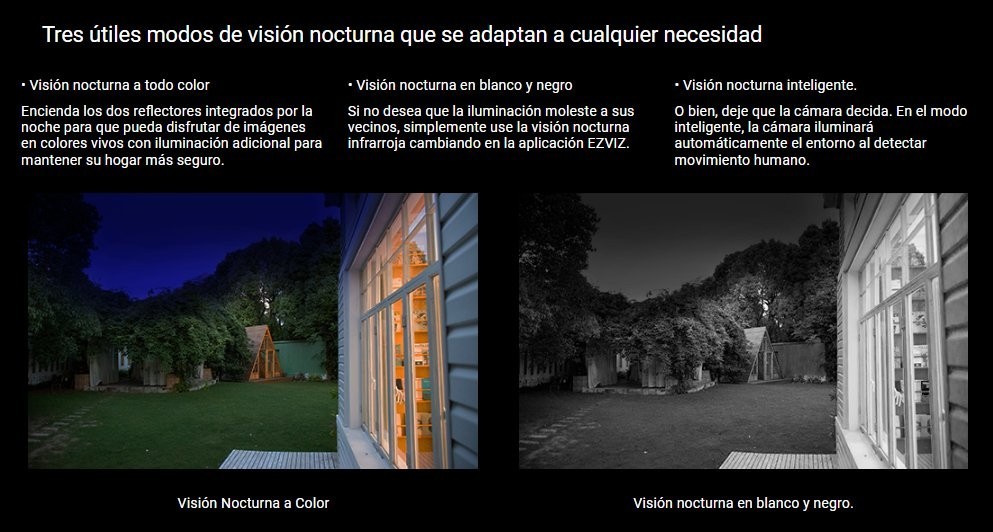 Comparación de los tres modos de visión nocturna de la cámara EZVIZ H8c 2K: a color, blanco y negro e inteligente
