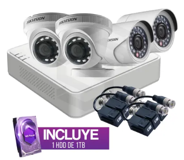 Kit Hikvision de 4 cámaras 1080p con DVR de 4 canales, 4 pares de balun y disco duro de 1TB