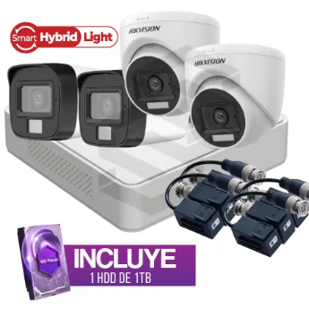 Kit Hikvision de 4 cámaras Smart Hybrid Light 1080p con DVR de 4 canales, 4 pares de balun y disco duro de 1TB