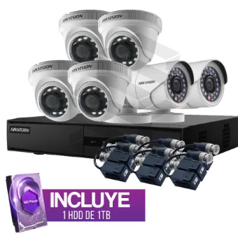 Kit Hikvision de 6 cámaras 1080p con DVR de 8 canales, 6 pares de balun y disco duro de 1TB